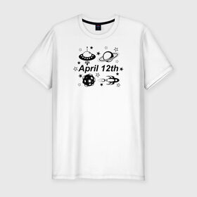 Мужская футболка хлопок Slim с принтом 12 апреля - День Космонавтики в Екатеринбурге, 92% хлопок, 8% лайкра | приталенный силуэт, круглый вырез ворота, длина до линии бедра, короткий рукав | 12 апреля | астероид | космонавтика | космос | летающая тарелка | планета | ракета | сатурн
