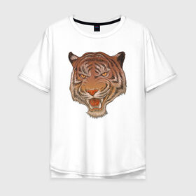 Мужская футболка хлопок Oversize с принтом Голова тигра в Екатеринбурге, 100% хлопок | свободный крой, круглый ворот, “спинка” длиннее передней части | голова тигра | животное | клыки | крупные кошки | пасть | тигр | хищник