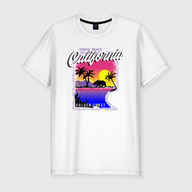 Мужская футболка хлопок Slim с принтом California в Екатеринбурге, 92% хлопок, 8% лайкра | приталенный силуэт, круглый вырез ворота, длина до линии бедра, короткий рукав | california | coast | загар | закат | калифорния | медведь | море | отдых | пляж