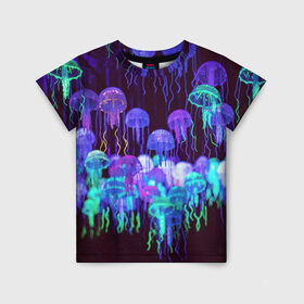 Детская футболка 3D с принтом Неоновые медузы в Екатеринбурге, 100% гипоаллергенный полиэфир | прямой крой, круглый вырез горловины, длина до линии бедер, чуть спущенное плечо, ткань немного тянется | вода | животные | медузы | неон | неоновые