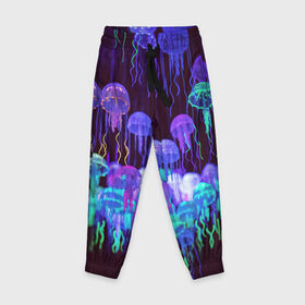 Детские брюки 3D с принтом Неоновые медузы в Екатеринбурге, 100% полиэстер | манжеты по низу, эластичный пояс регулируется шнурком, по бокам два кармана без застежек, внутренняя часть кармана из мелкой сетки | вода | животные | медузы | неон | неоновые