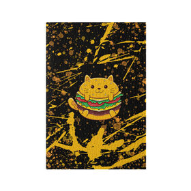 Обложка для паспорта матовая кожа с принтом Котобургер в Екатеринбурге, натуральная матовая кожа | размер 19,3 х 13,7 см; прозрачные пластиковые крепления | Тематика изображения на принте: брызги | булка | бургер кот | буттерброд | гамбургер | желтый | котенок | котик | котобургер | краски | оранжевый | сендвич | фаст фуд | чизбургер