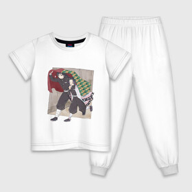 Детская пижама хлопок с принтом Kimetsu no yaiba прячет под плащем в Екатеринбурге, 100% хлопок |  брюки и футболка прямого кроя, без карманов, на брюках мягкая резинка на поясе и по низу штанин
 | Тематика изображения на принте: demon slayer | kimetsu no yaiba | kocho shinobu | nezuko | shinobu | slayer | tanjiro | zenitsu | гию томиока | зенитсу | зенитцу | зеницу | иноске хашибира | клинок рассекающий демонов | незуко | танджиро | шинобу кочо