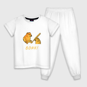 Детская пижама хлопок с принтом Doge Bonk go to horny jail в Екатеринбурге, 100% хлопок |  брюки и футболка прямого кроя, без карманов, на брюках мягкая резинка на поясе и по низу штанин
 | Тематика изображения на принте: 8 бит | 8bit | anime | cheems | chims | meme | pixel art | pixelart | аниме | бита | бонк | бьет | доге | мем | новый мем | пиксель арт | с бейсбольной битой | с битой | собака бьет другую собаку | тюр
