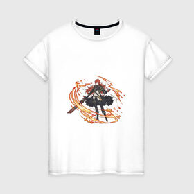 Женская футболка хлопок с принтом Дилюк в Екатеринбурге, 100% хлопок | прямой крой, круглый вырез горловины, длина до линии бедер, слегка спущенное плечо | арт | волчья погибель | дилюк | меч | милый парень | огонь | пламя | рисунок