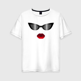 Женская футболка хлопок Oversize с принтом Черные очки с красными губами в Екатеринбурге, 100% хлопок | свободный крой, круглый ворот, спущенный рукав, длина до линии бедер
 | for stylish | gradient | kiss | lipstick | plump lips | red lips | градиент | для стильных | красные губы | модные очки | помада | поцелуй | пухлые губы | черные очки