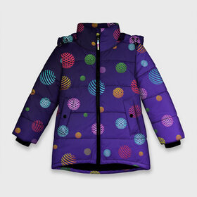 Зимняя куртка для девочек 3D с принтом Разноцветные шары, планеты в Екатеринбурге, ткань верха — 100% полиэстер; подклад — 100% полиэстер, утеплитель — 100% полиэстер. | длина ниже бедра, удлиненная спинка, воротник стойка и отстегивающийся капюшон. Есть боковые карманы с листочкой на кнопках, утяжки по низу изделия и внутренний карман на молнии. 

Предусмотрены светоотражающий принт на спинке, радужный светоотражающий элемент на пуллере молнии и на резинке для утяжки. | Тематика изображения на принте: abstract shapes | blue | colorful balls | galaxy | green | orange | planets | purple | red | shapes | space | yellow | абстрактные фигуры | галактика | желтый | зеленый | космос | красный | оранжевый | планеты | разноцветные шары | фигуры | фиол