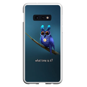 Чехол для Samsung S10E с принтом Owl в Екатеринбурге, Силикон | Область печати: задняя сторона чехла, без боковых панелей | Тематика изображения на принте: what time is it | время | синий | сова | темный фон