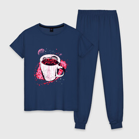 Женская пижама хлопок с принтом Космическая чашка кофе в Екатеринбурге, 100% хлопок | брюки и футболка прямого кроя, без карманов, на брюках мягкая резинка на поясе и по низу штанин | coffee | liquid | mily way | moon | morning | nebula | planet | space | symbol | внутри кружки | галактика | жидкость | код | космос | кружка | кружка с кофе | луна | млечный путь | планета | программист | символы | спутник sputnik | 