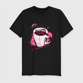 Мужская футболка хлопок Slim с принтом Космическая чашка кофе в Екатеринбурге, 92% хлопок, 8% лайкра | приталенный силуэт, круглый вырез ворота, длина до линии бедра, короткий рукав | coffee | liquid | mily way | moon | morning | nebula | planet | space | symbol | внутри кружки | галактика | жидкость | код | космос | кружка | кружка с кофе | луна | млечный путь | планета | программист | символы | спутник sputnik | 