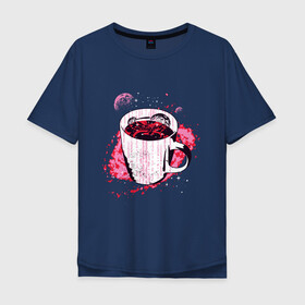 Мужская футболка хлопок Oversize с принтом Космическая чашка кофе в Екатеринбурге, 100% хлопок | свободный крой, круглый ворот, “спинка” длиннее передней части | coffee | liquid | mily way | moon | morning | nebula | planet | space | symbol | внутри кружки | галактика | жидкость | код | космос | кружка | кружка с кофе | луна | млечный путь | планета | программист | символы | спутник sputnik | 
