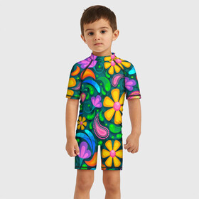 Детский купальный костюм 3D с принтом ЯРКИЕ ЦВЕТЫ в Екатеринбурге, Полиэстер 85%, Спандекс 15% | застежка на молнии на спине | flower | neon | букет | васильки | вввесна | ландыши | лепестки | лето | пестрый | природа | ромашки | текстуры орнамент | цветы | яркие