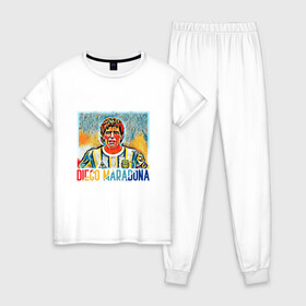 Женская пижама хлопок с принтом Diego Maradona в Екатеринбурге, 100% хлопок | брюки и футболка прямого кроя, без карманов, на брюках мягкая резинка на поясе и по низу штанин | argentina | football | maradona | messi | аргентина | гол | диего | марадона | месси | мяч | рука бога | спорт | футбол | чемпион