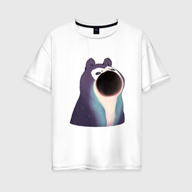 Женская футболка хлопок Oversize с принтом Голодный зверь в Екатеринбурге, 100% хлопок | свободный крой, круглый ворот, спущенный рукав, длина до линии бедер
 | pop cat | арт | бедна | голод | кот | кошка | мем | необычное животное | пасть | птица | рисунок | сова