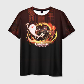 Мужская футболка 3D с принтом Genshin Impact - Hu Tao в Екатеринбурге, 100% полиэфир | прямой крой, круглый вырез горловины, длина до линии бедер | anime | fire | firefly | game | gamer | genshin | genshin impact | hu tao | hutao | impact | аниме | архонт | ваншу | геншин | геншин импакт | дилюк | импакт | ли юэ | огонь | призрак | ху тао | хутао