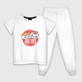 Детская пижама хлопок с принтом Кусочки суши и роллов в Екатеринбурге, 100% хлопок |  брюки и футболка прямого кроя, без карманов, на брюках мягкая резинка на поясе и по низу штанин
 | Тематика изображения на принте: cute | japan | japanese | kanji | kawaii | rolls | sushi | иероглифы | кавайи | кавайные суши | кандзи | культура | любитель суши | милота | милые суши | нигири | ролл | роллы | сашими | суси | фаст фуд | фастфуд | хирагана