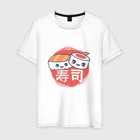 Мужская футболка хлопок с принтом Кусочки суши и роллов в Екатеринбурге, 100% хлопок | прямой крой, круглый вырез горловины, длина до линии бедер, слегка спущенное плечо. | cute | japan | japanese | kanji | kawaii | rolls | sushi | иероглифы | кавайи | кавайные суши | кандзи | культура | любитель суши | милота | милые суши | нигири | ролл | роллы | сашими | суси | фаст фуд | фастфуд | хирагана