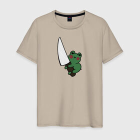 Мужская футболка хлопок с принтом Злая лягушка в Екатеринбурге, 100% хлопок | прямой крой, круглый вырез горловины, длина до линии бедер, слегка спущенное плечо. | green. | зелёный | лягушка | лягушонок | ножик