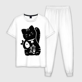 Мужская пижама хлопок с принтом Манэки-нэко в Екатеринбурге, 100% хлопок | брюки и футболка прямого кроя, без карманов, на брюках мягкая резинка на поясе и по низу штанин
 | животное | зверь | кот | кот качает лапой | кот с рыбой | кошка | манэки нэко