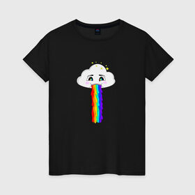 Женская футболка хлопок с принтом ОБЛАКО РАДУГА в Екатеринбурге, 100% хлопок | прямой крой, круглый вырез горловины, длина до линии бедер, слегка спущенное плечо | cloud | rainbow | би | блюющее облако | летний | мем | мультяшный | радуга | разноцветный | юмор | яркий