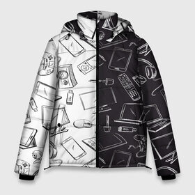 Мужская зимняя куртка 3D с принтом Гаджеты в Екатеринбурге, верх — 100% полиэстер; подкладка — 100% полиэстер; утеплитель — 100% полиэстер | длина ниже бедра, свободный силуэт Оверсайз. Есть воротник-стойка, отстегивающийся капюшон и ветрозащитная планка. 

Боковые карманы с листочкой на кнопках и внутренний карман на молнии. | Тематика изображения на принте: flash drive | gadgets | headphones | joystick | laptop | monitor | mouse | remote control | smartphone | speaker | tablet | гаджеты | джойстик | колонка | монитор | мышь | наушники | ноутбук | планшет | пульт | смартфон | флешка