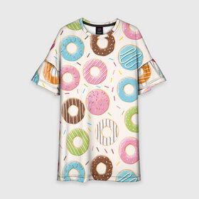 Детское платье 3D с принтом Пончики / Donuts в Екатеринбурге, 100% полиэстер | прямой силуэт, чуть расширенный к низу. Круглая горловина, на рукавах — воланы | Тематика изображения на принте: bagel | cookies | donut | pastry | pie | ring | бублик | выпечка | колечко | печенье | пирожок | пончик