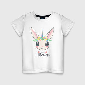 Детская футболка хлопок с принтом Кролик-единорог в Екатеринбурге, 100% хлопок | круглый вырез горловины, полуприлегающий силуэт, длина до линии бедер | Тематика изображения на принте: animals | bunny | unicorn | единорог | животные | кролик