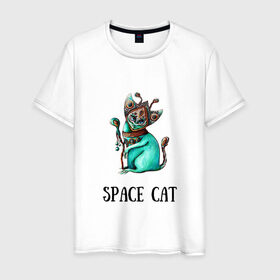 Мужская футболка хлопок с принтом Space cat в Екатеринбурге, 100% хлопок | прямой крой, круглый вырез горловины, длина до линии бедер, слегка спущенное плечо. | Тематика изображения на принте: cat | space | инопланетянин | киска | космос | кошка