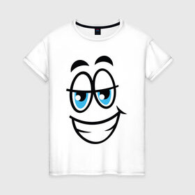 Женская футболка хлопок с принтом Улыбающийся смайл в Екатеринбурге, 100% хлопок | прямой крой, круглый вырез горловины, длина до линии бедер, слегка спущенное плечо | мультфильм | рожа | рожица | смайлик | улыбающееся лицо | улыбающийся | улыбка
