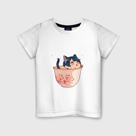 Детская футболка хлопок с принтом Котик Сян Лин в Екатеринбурге, 100% хлопок | круглый вырез горловины, полуприлегающий силуэт, длина до линии бедер | арт | кружка | кружка чая | милая девушка | неко | рисунок | сян лин | чашка