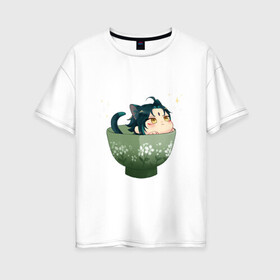 Женская футболка хлопок Oversize с принтом Котик Сяо в Екатеринбурге, 100% хлопок | свободный крой, круглый ворот, спущенный рукав, длина до линии бедер
 | арт | кружка | кружка чая | милый парень | неко | рисунок | сяо | чашка