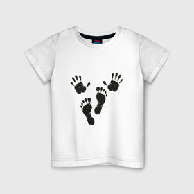 Детская футболка хлопок с принтом Руки-ноги в Екатеринбурге, 100% хлопок | круглый вырез горловины, полуприлегающий силуэт, длина до линии бедер | ноги | отпечатки | руки | руки ноги | черное лого | черные отпечатки | черный принт