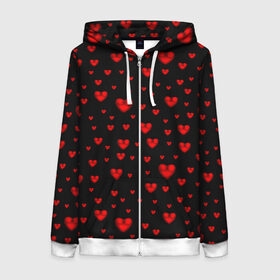 Женская толстовка 3D на молнии с принтом Красные сердца в Екатеринбурге, 100% полиэстер | длина до линии бедра, манжеты и пояс оформлены мягкой тканевой резинкой, двухслойный капюшон со шнурком для регулировки, спереди молния, по бокам два кармана | heart | love | red | red hearts. | градиент | день святого валентина | красные сердечки | красный | любовь | много сердечек | перламутр | сердце