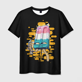 Мужская футболка 3D с принтом МОРОЖЕНОЕ в Екатеринбурге, 100% полиэфир | прямой крой, круглый вырез горловины, длина до линии бедер | art | cold | drawing | eyes | ice | ice cream | lizard | pink | stick | арт | глаза | лед | мороженое | палочка | рисунок | розовый | холод | ящерица