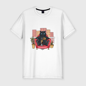 Мужская футболка хлопок Slim с принтом Толстый кот на балконе в Екатеринбурге, 92% хлопок, 8% лайкра | приталенный силуэт, круглый вырез ворота, длина до линии бедра, короткий рукав | Тематика изображения на принте: balcony | black cat | cat | cat merch | chubby | fat | kitten | kitty | бегемот | бигимот | бургер | гамбургер | городской пейзаж | кот в кресле | кот мерч | котик | кошка | мастер и маргарита | прикол | приколы с котами