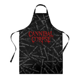 Фартук 3D с принтом Cannibal Corpse | Songs (Z) в Екатеринбурге, 100% полиэстер | общий размер — 65 х 85 см, ширина нагрудника — 26 см, горловина — 53 см, длина завязок — 54 см, общий обхват в поясе — 173 см. Принт на завязках и на горловине наносится с двух сторон, на основной части фартука — только с внешней стороны | cannibal | cannibal corpse | corpse | death metal | deathgrind | алекс уэбстер | брутальный дэт метал | дэт метал | дэтграйнд | пол мазуркевич | роб барретт | труп каннибала