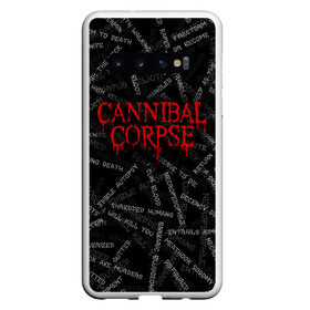 Чехол для Samsung Galaxy S10 с принтом Cannibal Corpse | Songs (Z) в Екатеринбурге, Силикон | Область печати: задняя сторона чехла, без боковых панелей | cannibal | cannibal corpse | corpse | death metal | deathgrind | алекс уэбстер | брутальный дэт метал | дэт метал | дэтграйнд | пол мазуркевич | роб барретт | труп каннибала