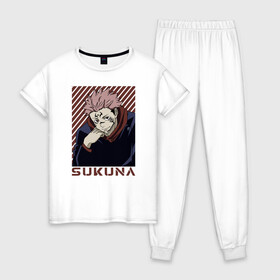 Женская пижама хлопок с принтом Сукуна в Екатеринбурге, 100% хлопок | брюки и футболка прямого кроя, без карманов, на брюках мягкая резинка на поясе и по низу штанин | gojo | jujutsu | jutsu kaisen | satoru | sukuna | yuji itadori | битва | годжо | демон | итадори | магическая | рёмен | сакуна | сатору | сукуна | сукуно | юдзи