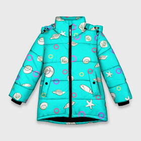 Зимняя куртка для девочек 3D с принтом Морские моллюски в Екатеринбурге, ткань верха — 100% полиэстер; подклад — 100% полиэстер, утеплитель — 100% полиэстер. | длина ниже бедра, удлиненная спинка, воротник стойка и отстегивающийся капюшон. Есть боковые карманы с листочкой на кнопках, утяжки по низу изделия и внутренний карман на молнии. 

Предусмотрены светоотражающий принт на спинке, радужный светоотражающий элемент на пуллере молнии и на резинке для утяжки. | marine. | sea | seashells | shellfish | starfish | vacation | vector illustration | векторная иллюстрация | моллюск | море | морская | морская звезда | отдых | отпуск | ракушки
