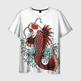 Мужская футболка 3D с принтом Карп Кои (Япония) в Екатеринбурге, 100% полиэфир | прямой крой, круглый вырез горловины, длина до линии бедер | Тематика изображения на принте: fish | japan | koi | животные | иероглифы | карпы | кои | рыбы | цветы | япония