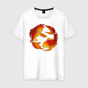 Мужская футболка хлопок с принтом Карпы Кои в Екатеринбурге, 100% хлопок | прямой крой, круглый вырез горловины, длина до линии бедер, слегка спущенное плечо. | fish | japan | koi | животные | иероглифы | карпы | кои | рыбы | цветы | япония