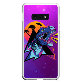 Чехол для Samsung S10E с принтом Retrowave Neon Dinosaur в Екатеринбурге, Силикон | Область печати: задняя сторона чехла, без боковых панелей | 1980 | 80s | geometry | retrowave | retrowave принт | rex | space | t rex | trex | tropical | восьмидесятые | геометрия | космос | нео | неоновый динозавр | пальмы | рекс | ретровейв | рисунок динозавра | тираннозавр | тиранозавр