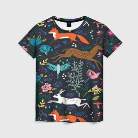 Женская футболка 3D с принтом Звери и Природа в Екатеринбурге, 100% полиэфир ( синтетическое хлопкоподобное полотно) | прямой крой, круглый вырез горловины, длина до линии бедер | зайка | заяц | зверь | лес | лис | лиса | лисица | лисонька | олень | природа | птица | рога | рыжая | хищник | цветы