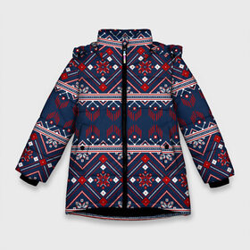 Зимняя куртка для девочек 3D с принтом Русские народные узоры в Екатеринбурге, ткань верха — 100% полиэстер; подклад — 100% полиэстер, утеплитель — 100% полиэстер. | длина ниже бедра, удлиненная спинка, воротник стойка и отстегивающийся капюшон. Есть боковые карманы с листочкой на кнопках, утяжки по низу изделия и внутренний карман на молнии. 

Предусмотрены светоотражающий принт на спинке, радужный светоотражающий элемент на пуллере молнии и на резинке для утяжки. | deer | folk patterns | patterns | russian patterns | slavic clothing | slavic style | народные узоры | олень | русские узоры | славянская одежда | славянский стиль | узоры