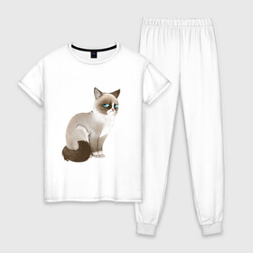 Женская пижама хлопок с принтом Grumpy Cat в Екатеринбурге, 100% хлопок | брюки и футболка прямого кроя, без карманов, на брюках мягкая резинка на поясе и по низу штанин | grumpy cat | грустный кот | кот мем | мем | сердитая кошка