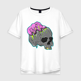 Мужская футболка хлопок Oversize с принтом Roseskull в Екатеринбурге, 100% хлопок | свободный крой, круглый ворот, “спинка” длиннее передней части | csgo | graffiti | hate | rose | skull | streetart | неон | неоновый череп | роза | цветы | череп