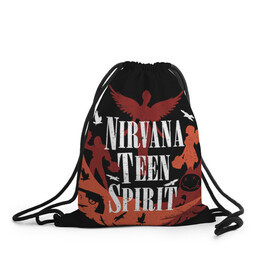 Рюкзак-мешок 3D с принтом NIRVANA TEEN SPIRIT в Екатеринбурге, 100% полиэстер | плотность ткани — 200 г/м2, размер — 35 х 45 см; лямки — толстые шнурки, застежка на шнуровке, без карманов и подкладки | art | cobain | curt | girl | grunge | metal | music | nirvana | punk | rock | spiritm | usa | гранж | группа | кобэйн | курт | метал | музыка | нирвана | панк | рисунок | рок | сша