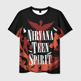 Мужская футболка 3D с принтом NIRVANA TEEN SPIRIT в Екатеринбурге, 100% полиэфир | прямой крой, круглый вырез горловины, длина до линии бедер | art | cobain | curt | girl | grunge | metal | music | nirvana | punk | rock | spiritm | usa | гранж | группа | кобэйн | курт | метал | музыка | нирвана | панк | рисунок | рок | сша