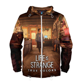 Мужская ветровка 3D с принтом Life Is Strange True Colors в Екатеринбурге, 100% полиэстер | подол и капюшон оформлены резинкой с фиксаторами, два кармана без застежек по бокам, один потайной карман на груди | Тематика изображения на принте: art | colors | game | is | life | strange | true | арт | жизнь | игра | краска | настоящий | странная | цвет | штука