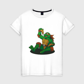 Женская футболка хлопок с принтом Pizza - Ninja Turtles в Екатеринбурге, 100% хлопок | прямой крой, круглый вырез горловины, длина до линии бедер, слегка спущенное плечо | donatello | leonardo | michelangelo | ninja | pizza | raphael | turtles | донателло | животные | карате | комикс | комиксы | леонардо | микеланджело | мультфильм | мутант | мутанты | ниндзя | пицца | рафаэль | сплинтер | супергерой